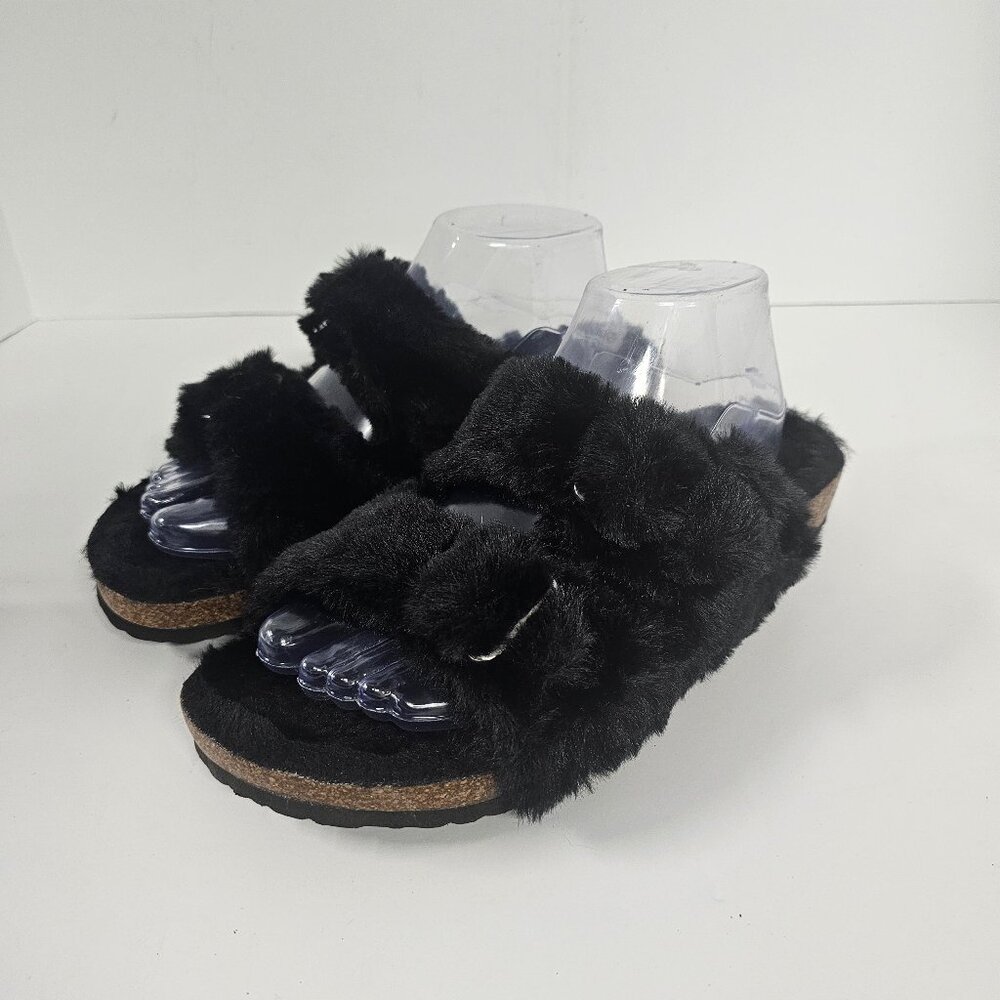 Unbranded Sandals Faux Fur Black Casual Cozy Boho Cork Grunge 8.5